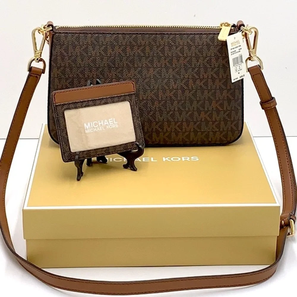 MICHAEL KORS GIFTABLE SHOULDER BAG & CARD HOLDER BOXED SET Brown signature NWT
